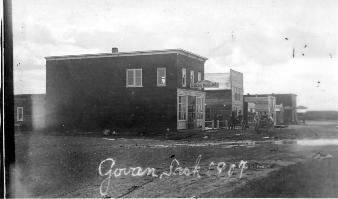 Street scene with general merchants' store, Govan, Sask.